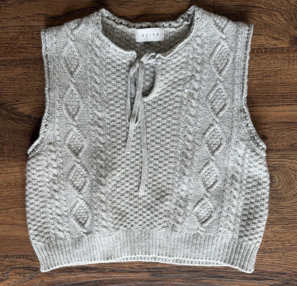 Olive Wool Cable Knit Sweater Vest Gray Tie Neck Sleeveless Women’s Small